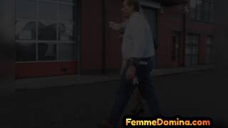 Strapon femdom humiliates pathetic sub while he blows cock