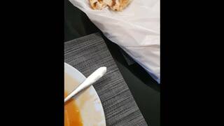 Step mom risky blowjob under table during an family dinner in the restaurant