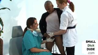 CFNM nurses in uniforms n with gloves jerk small black dick