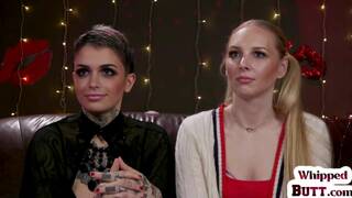 Inked lezdom whips feet of blindfolded GF after casting