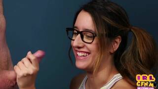 CFNM amateur pigtailed teen jerks cock till cumshot