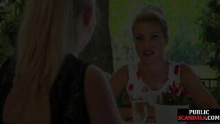 Leashed busty MILF humiliated in public deepthroating 3some