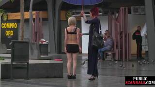 Female servant whipped outdoor by redhead femdom lady