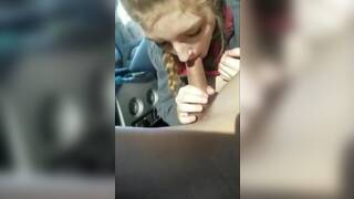 Blonde college girl with braids sucks cock in the car