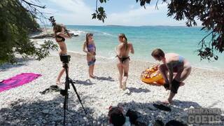 Miss P and Rebeka R on a blue coloured sofa in lesbian dildo scenes together