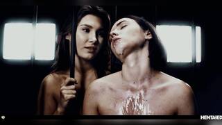 Ellie Luna and Eve Sweet inside a prison in Hentaied lesbian bondage and dildo scenes