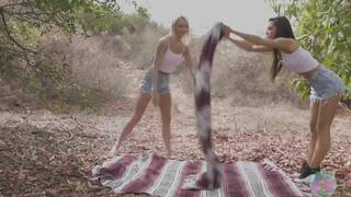 Kenna James and Milana Ricci in several different outdoor lesbian scenes together