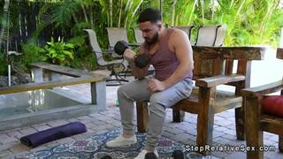 After workout stepson fucks stepmom by the pool