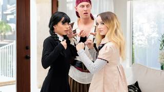 Halloween teens Aria Valencia and Maria Kazi share stepbrothers big cock