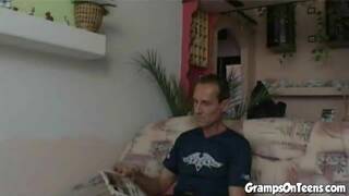 Filthy teen fucks oldie after sucking on his hard dick