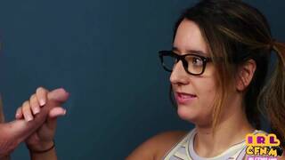 CFNM amateur 21yo GF with glasses sucks and wanks cock