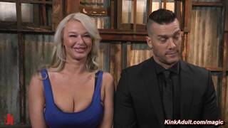 Married blonde with head in cage gets fucked