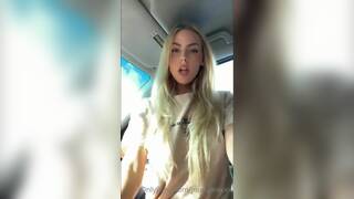 Sexy Blonde shows off her big boobs in public in car
