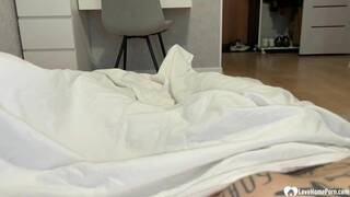 Brunette with big tits spreads for my cock