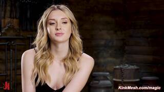 Bound in metal blonde whipped and fucked with dildo