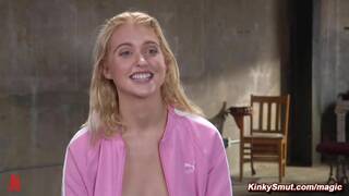 Bound blonde trainee deep throat fucked in threesome