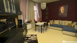 Blonde in stockings fucked hard in the kitchen