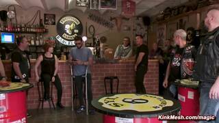 Curvy blonde anal fucked in bondage in public