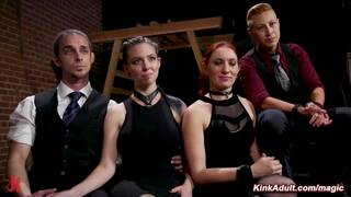 Submissive MILF and babe tormented at swinger orgy party