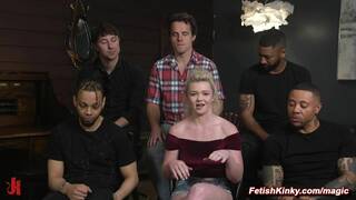 Cheating blonde girlfriend Kay Carter gets five dicks in bondage