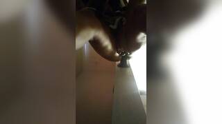 Petite femboy with small dick in dress fucking her huge dildo