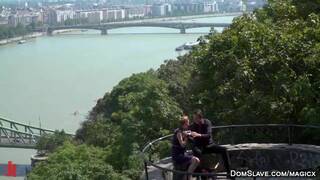 Blonde slave disgraced outdoors and group fucked in public