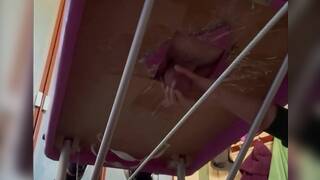 Relaxing massage table hole handjob cum while watching a movie