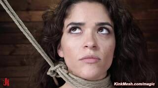 Brunette Victoria Voxxx tied in chair and tormented by The Pope