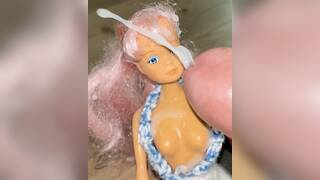 Dirty secondhand pink hair Barbie Doll with home made dress precum facial cumshot