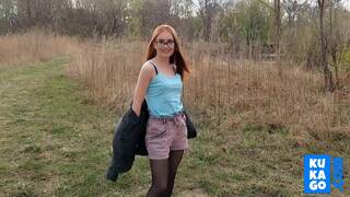 Redhead babe moans loudly from hard anal and big cock in public.