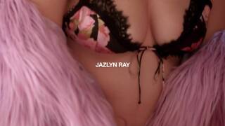 Jazlyn Ray and Lilly Bell on a grey and white patterned bed lesbian and Strap-On