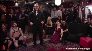 Lesbians Melissa Moore and Kira Noir slapping and tribbing at BDSM party