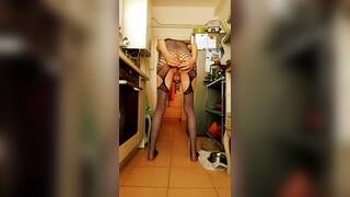 crossdressing with red wig and black laces