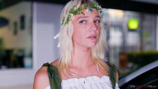 Kenna James and Whitney OC on a white coloured bed in lesbian cosplay scenes together