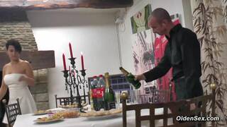 Three mature ladies and babe group sex after dinner