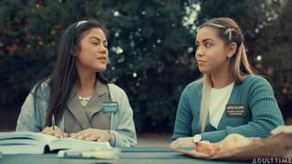 Alina Lopez and Kendra Spade on a white coloured bed in several lesbian scenes