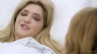 Kristen Scott, Alina Lopez and Jane Wilde on a blue and white bed lesbian threesome