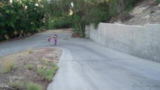 Lana Rhoades and Kenna James lesbian workout then on the floor in lesbian scenes also