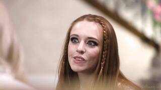 Madi Collins and Kenna James on a brown patterned chair in several lesbian scenes