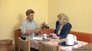 Guy fucks amateur German mature Loreena with natural big tits in white lingerie