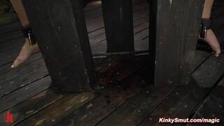 Hot small tits blonde sub Lindsey Cruz locked in metal device gets bastinado