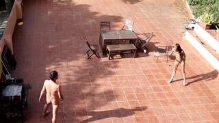 Public Courtyard Blowjob and Fucking with a Hot Brunette Amateur Couple