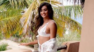 Beautiful Latina MILF shows perfect body while posing solo in lingerie