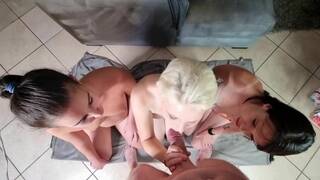 Two Brunettes Teach a Blonde About BDSM and Blowjobs